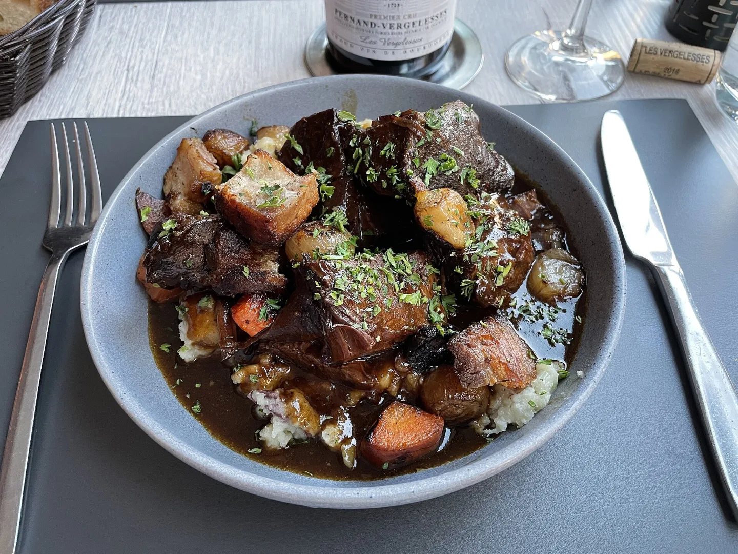 Red wine braised beef paleron, mushroom, bacon, pearl onion