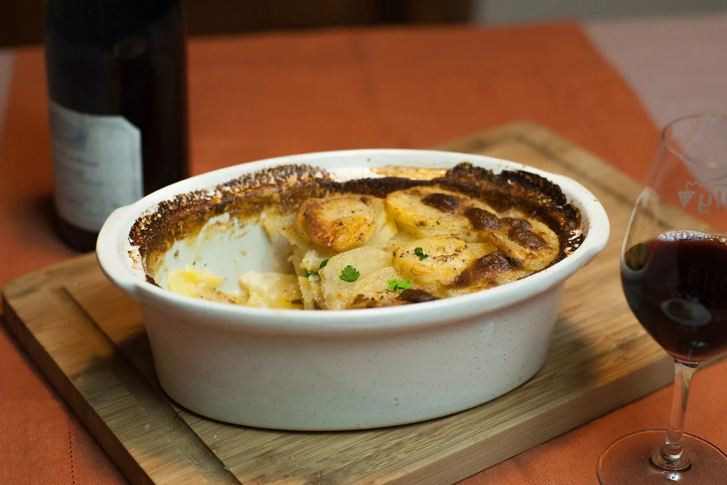 Gratin dauphinois in an individual baking dish.