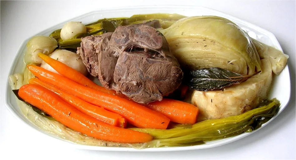 Pot-au-feu with beef, carrots and leeks.